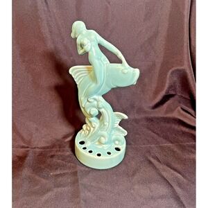 Vintage Royal Haeger Woman Riding Fish Flower Frog Mid-Century Aqua Blue Ceramic